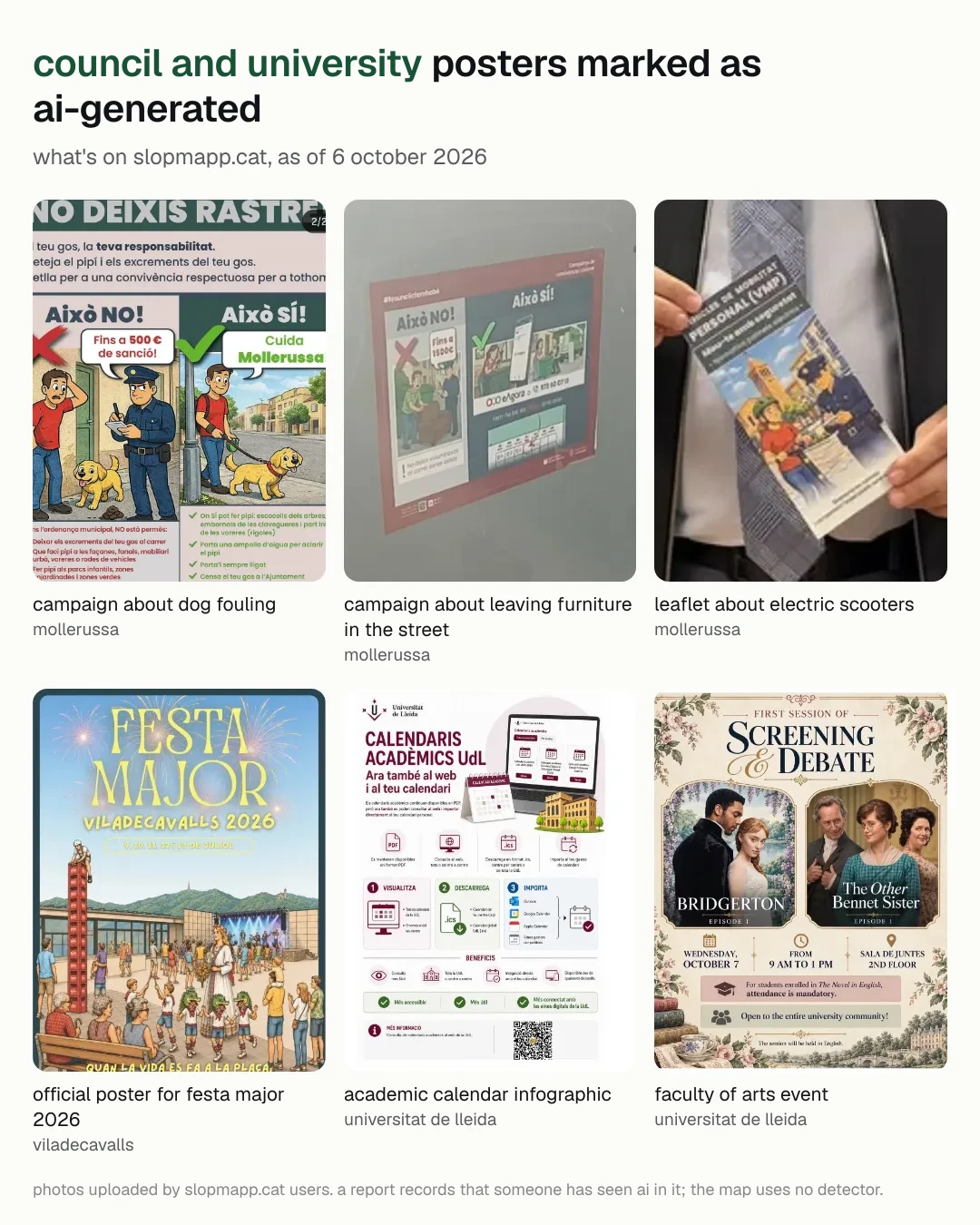 grid of six images marked as ai-generated on slopmapp: two mollerussa town council campaigns about dog poo and furniture left in the street, a leaflet about scooters in mollerussa, the poster for viladecavalls's festa major 2026, an academic calendar infographic from the universitat de lleida and the poster for an event at the faculty of arts.
