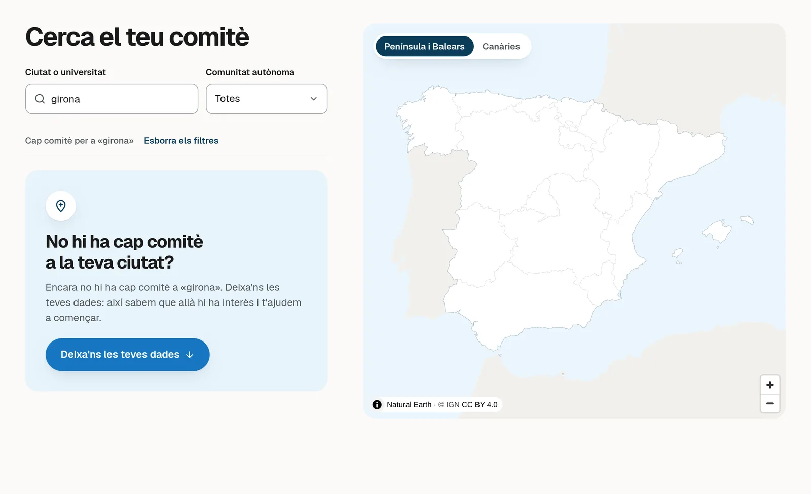captura del cercador de comitès amb la cerca girona. sota el camp diu cap comitè per a «girona», i un requadre blau pregunta «no hi ha cap comitè a la teva ciutat?» amb el botó deixa'ns les teves dades. a la dreta, el mapa d'espanya.