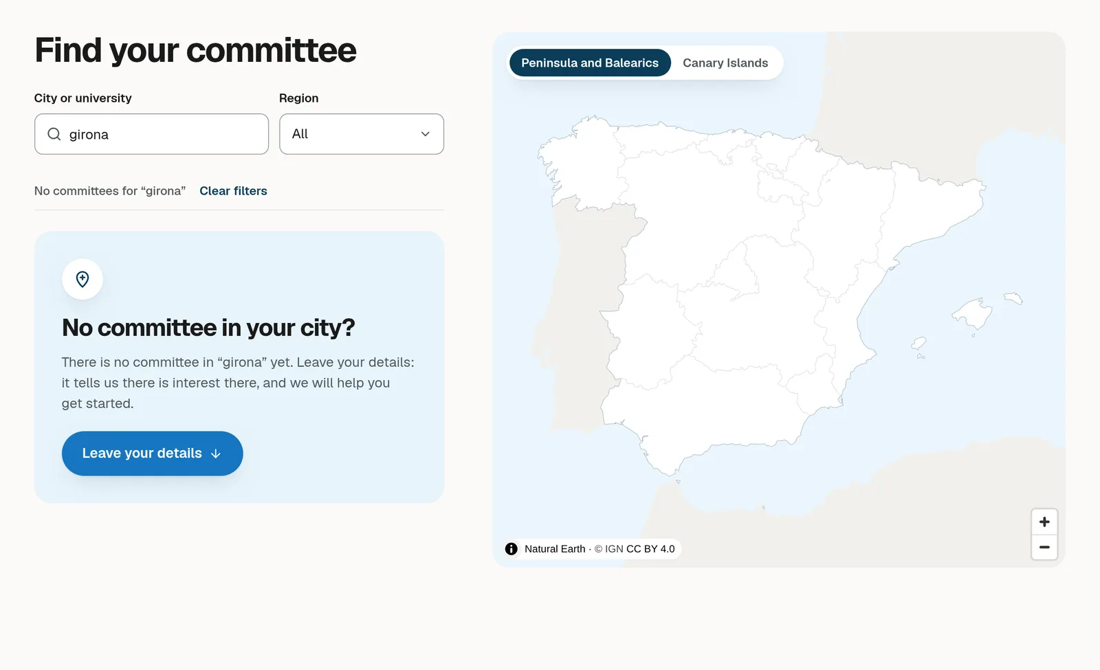 screenshot of the committee finder with the search girona. under the field it says no committee for «girona», and a blue box asks «no committee in your city?» with the button leave us your details. on the right, the map of spain.
