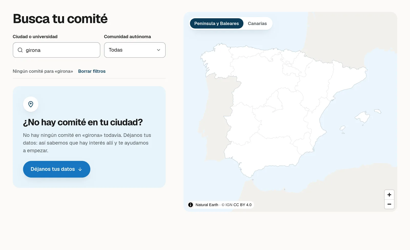 captura del buscador de comités con la búsqueda girona. bajo el campo dice ningún comité para «girona», y un recuadro azul pregunta «¿no hay comité en tu ciudad?» con el botón déjanos tus datos. a la derecha, el mapa de españa.