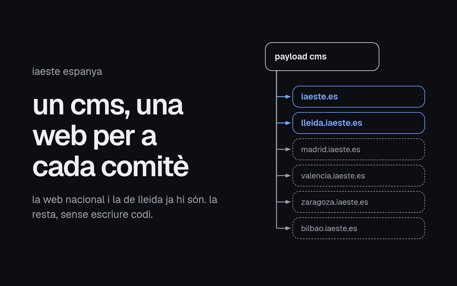 diagrama d'un sol payload cms connectat a sis webs: iaeste.es i lleida.iaeste.es, ja fetes, i madrid, valencia, zaragoza i bilbao, en línia discontínua, pendents.