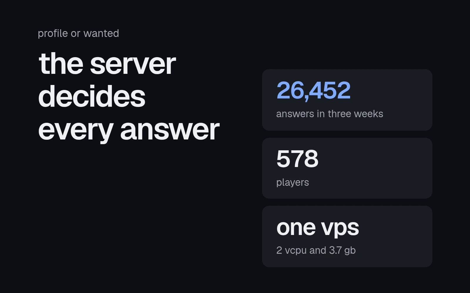 under the title the server decides every answer, three cards: 26,452 answers in three weeks, 578 players, and a 2 vcpu vps.
