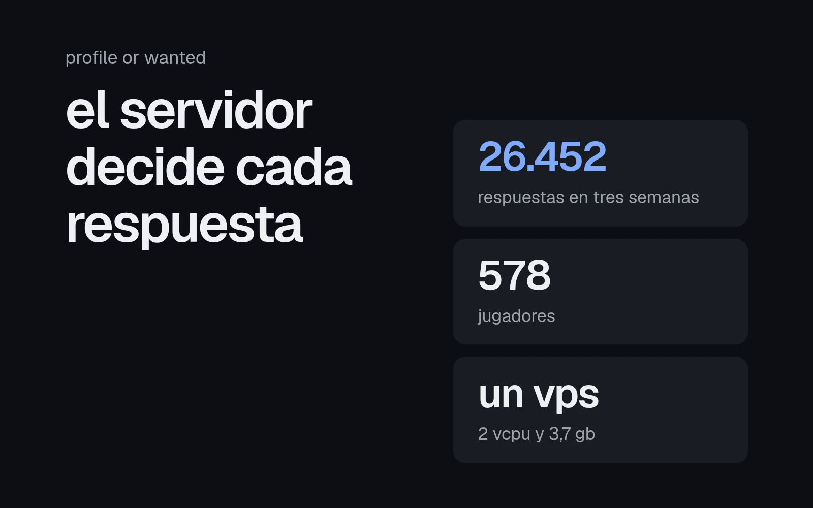 bajo el título el servidor decide cada respuesta, tres tarjetas: 26.452 respuestas en tres semanas, 578 jugadores y un vps de 2 vcpu.