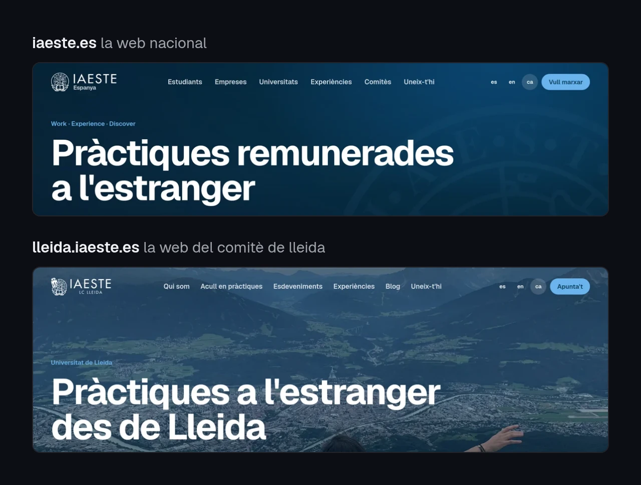dues captures de la capçalera de dues webs, una sobre l'altra. a dalt, iaeste.es, amb el títol pràctiques remunerades a l'estranger. a sota, lleida.iaeste.es, amb el logo d'iaeste lc lleida, un menú propi i el títol pràctiques a l'estranger des de lleida sobre una foto de la ciutat.