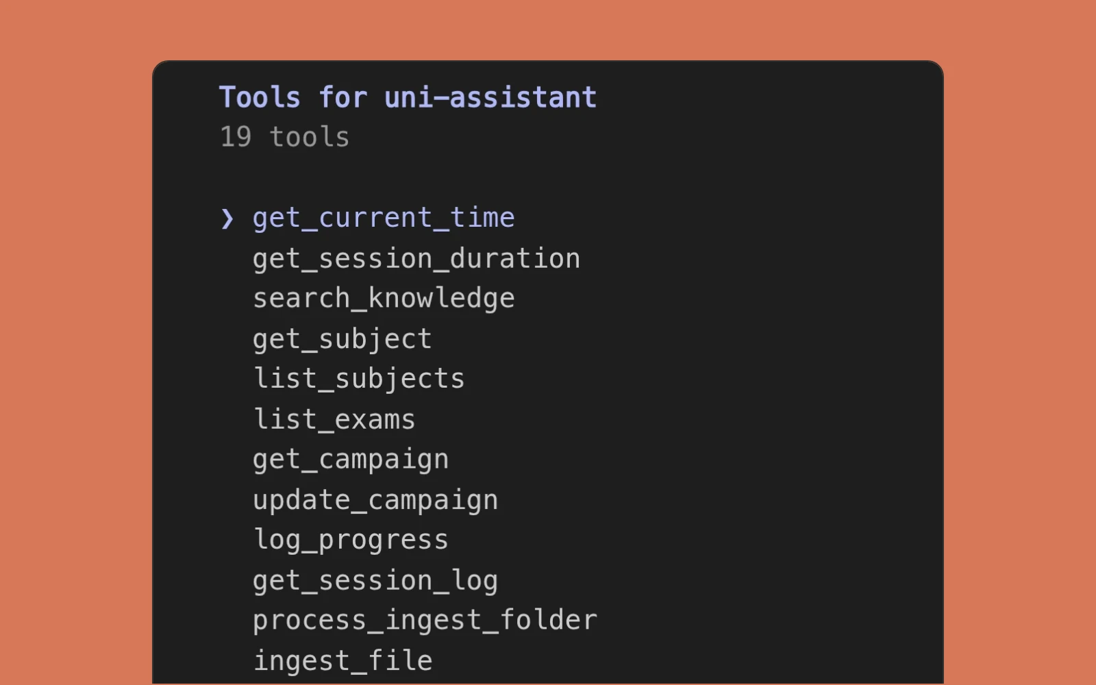 captura de pantalla de claude code amb la llista d'eines del servidor mcp uni-assistant, 19 eines, de get_current_time i search_knowledge a list_exams, log_progress i process_ingest_folder.