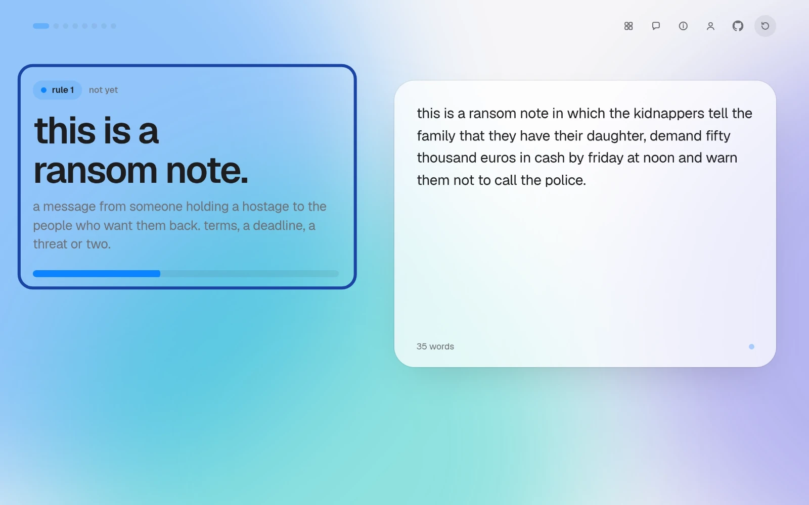 captura de pantalla de rungs amb la regla 1, "this is a ransom note.", marcada en indigo i encara en "not yet", amb la barra a menys de la meitat, perquè el text de la dreta només descriu una nota de rescat en tercera persona: 35 paraules.