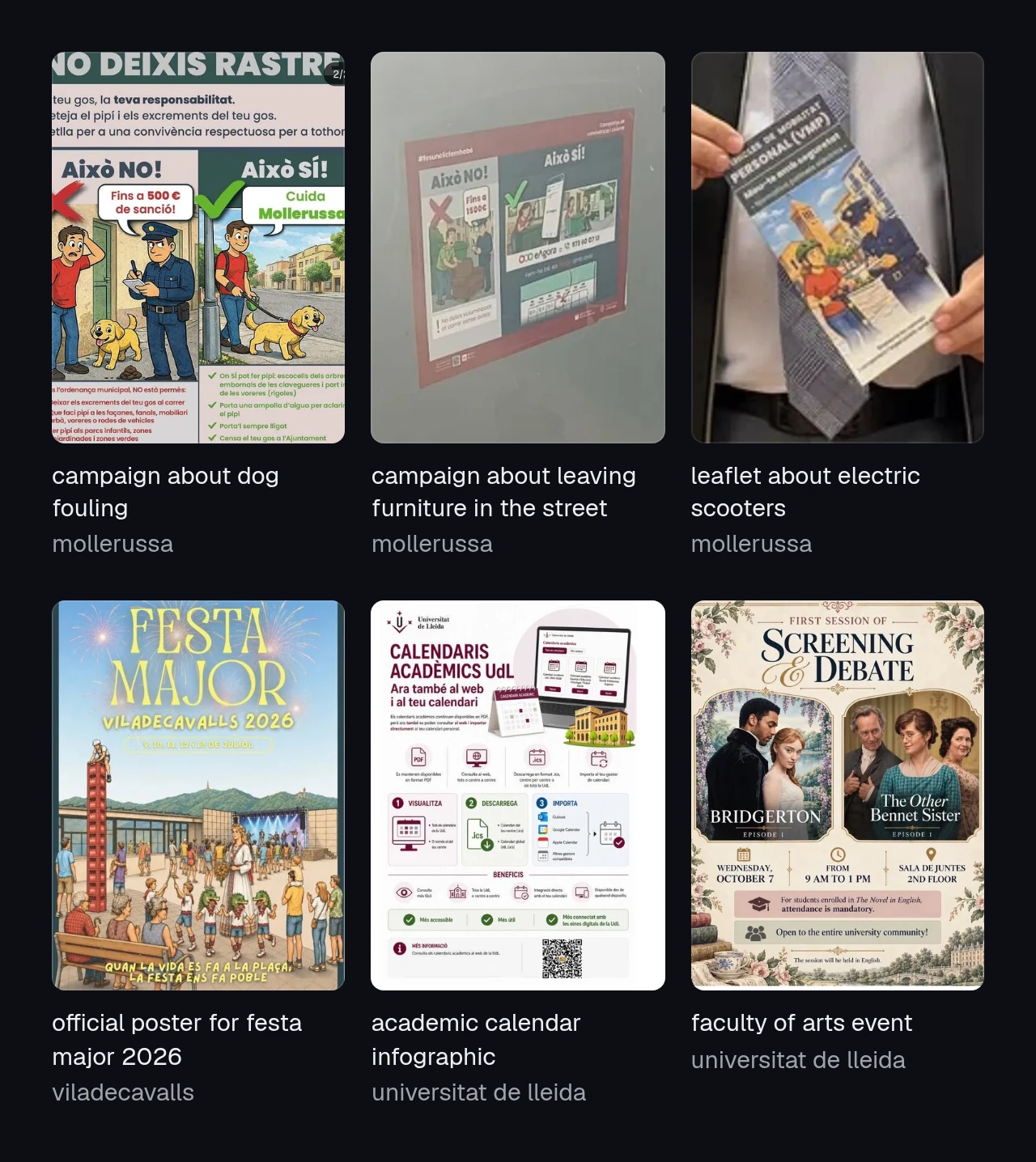 grid of six images marked as ai-generated on slopmapp: two mollerussa town council campaigns about dog poo and furniture left in the street, a leaflet about scooters in mollerussa, the poster for viladecavalls's festa major 2026, an academic calendar infographic from the universitat de lleida and the poster for an event at the faculty of arts.