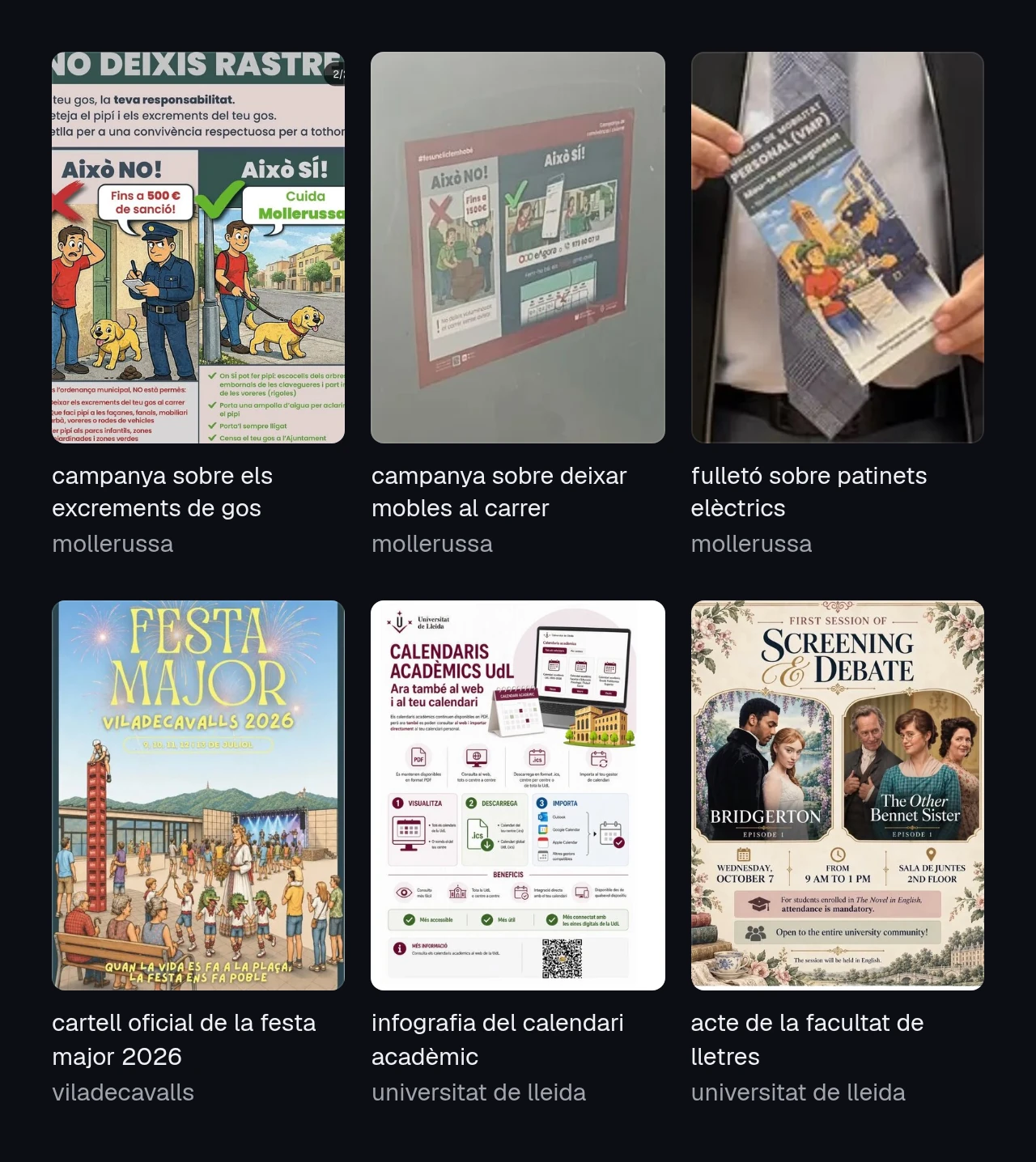 graella amb sis imatges marcades com a fetes amb ia a slopmapp: dues campanyes de l'ajuntament de mollerussa sobre les caques de gos i els mobles al carrer, un fulletó sobre patinets a mollerussa, el cartell de la festa major de viladecavalls 2026, una infografia del calendari acadèmic de la universitat de lleida i el cartell d'un acte de la facultat de lletres.
