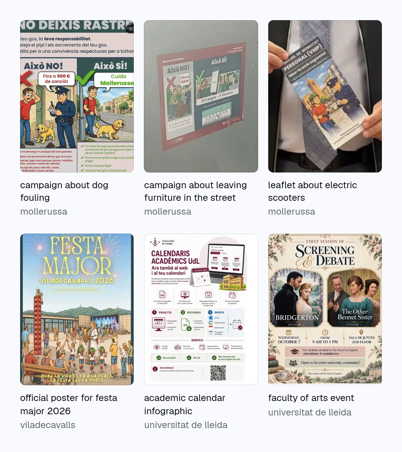 grid of six images marked as ai-generated on slopmapp: two mollerussa town council campaigns about dog poo and furniture left in the street, a leaflet about scooters in mollerussa, the poster for viladecavalls's festa major 2026, an academic calendar infographic from the universitat de lleida and the poster for an event at the faculty of arts.