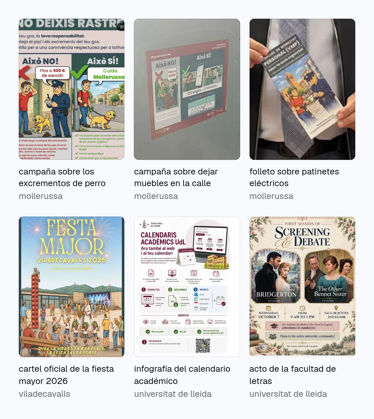cuadrícula con seis imágenes marcadas como hechas con ia en slopmapp: dos campañas del ayuntamiento de mollerussa sobre las cacas de perro y los muebles en la calle, un folleto sobre patinetes en mollerussa, el cartel de la fiesta mayor de viladecavalls 2026, una infografía del calendario académico de la universitat de lleida y el cartel de un acto de la facultad de letras.