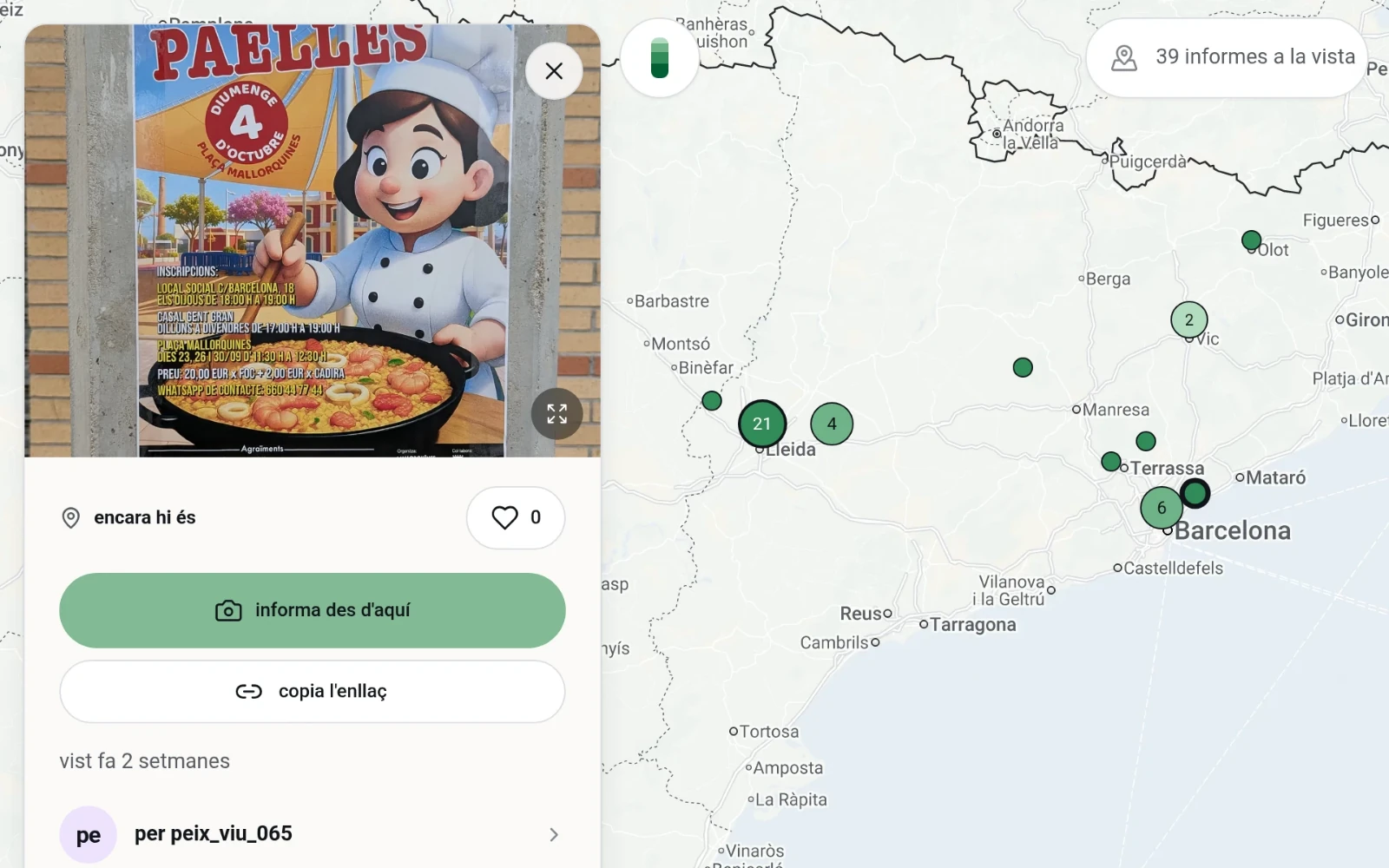 captura de pantalla de slopmapp.cat: un informe obert amb la foto d'un cartell de paelles fet amb ia, a montgat, i al costat el mapa de catalunya amb els informes agrupats: 21 a lleida, 4 a mollerussa, 6 a barcelona, 2 a vic i uns quants punts solts. a dalt diu 39 informes a la vista.